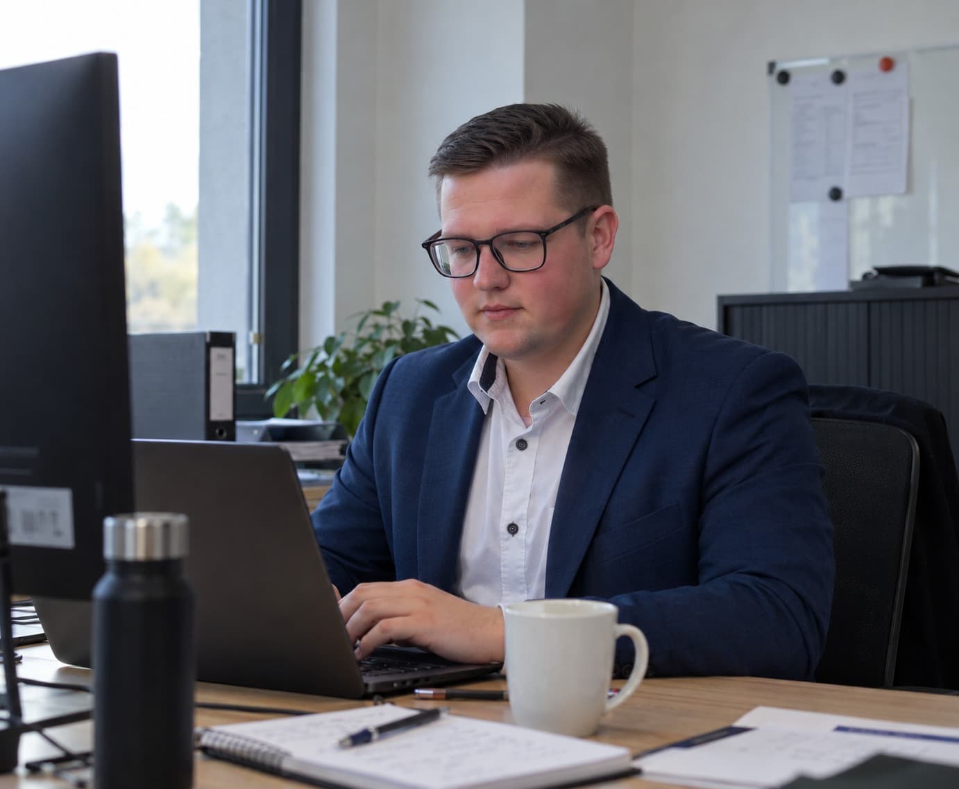 Marcel Wiebe, Geschäftsführer von Wiebe & Partner, am Arbeitsplatz (mit KI bearbeitetes Foto)
